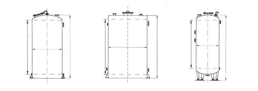 There are design drawings of three vertical FRP tanks in different shapes.
